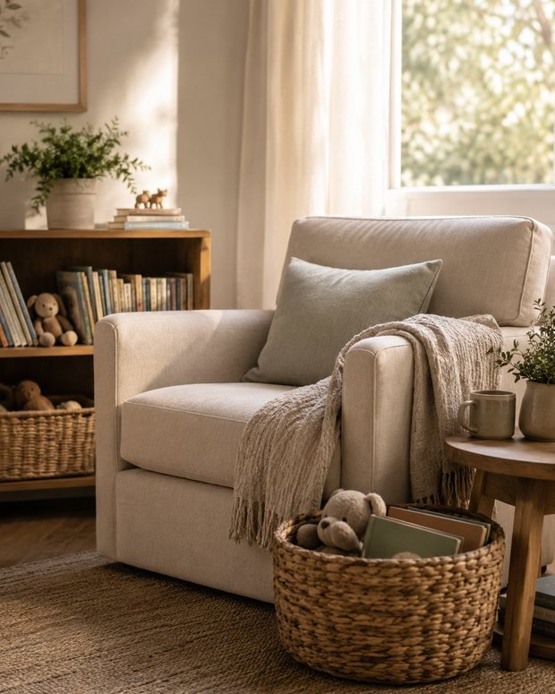 Illustrative image: a soft armchair with a throw beside low shelves of picture books, a basket of books and a soft toy on the floor.