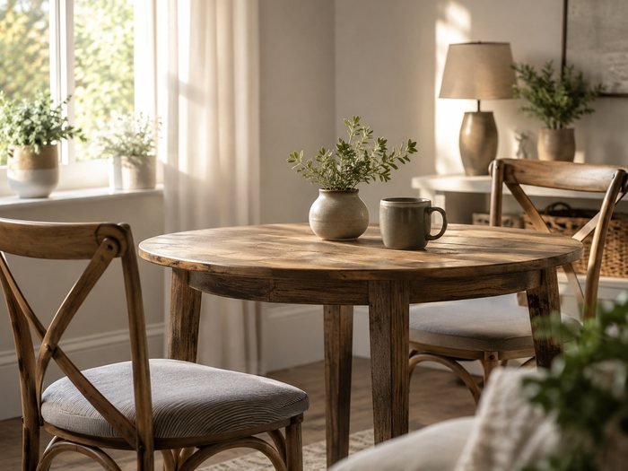 Illustrative image: two wooden chairs drawn up to a round table in a sunlit room, with a mug and a small plant on it.